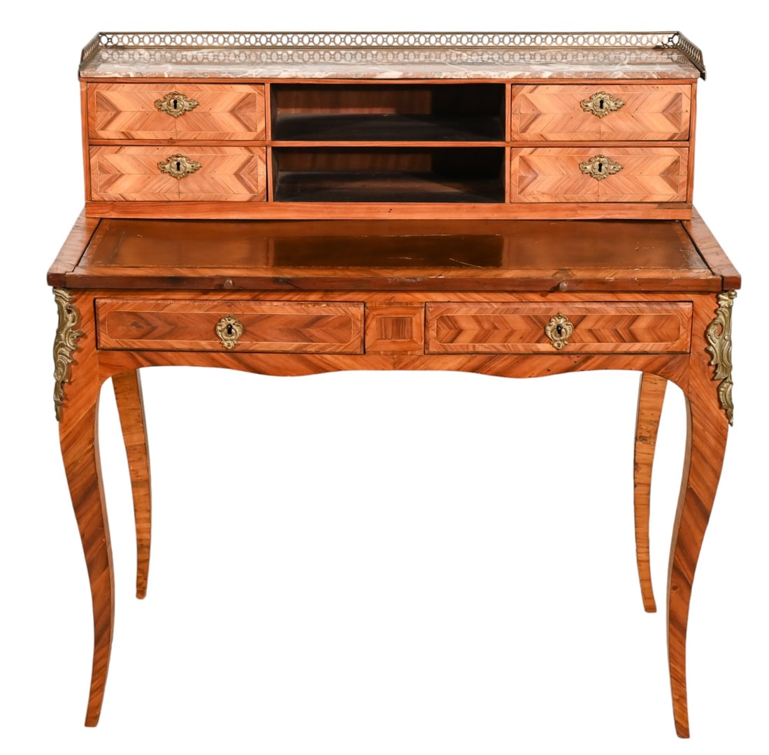 Antique Louis XV Style Kingwood & Marble Bureau: Antique Louis XV Style Kingwood and Marble Bureau de Dame with Brass Gallery.Measures 39 inches x 38 inches x 21 inches.