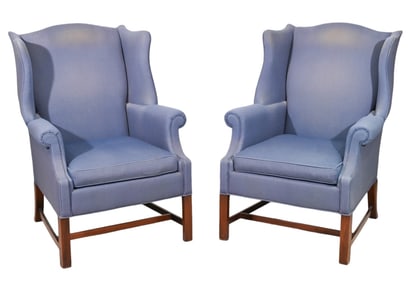 Pair Hickory Blue Upholstered Wingback Chairs