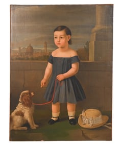 Antique Italian School Oil Painting Young Girl Dog