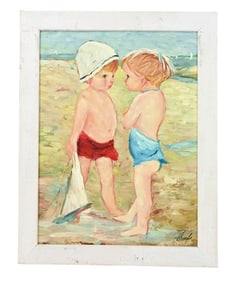 Shoefe Signed Mid C Oil Painting Children Seaside