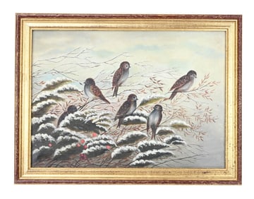 Antique Oil Painting Sparrows Snow Covered Holly
