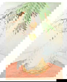 Indian Chughtai Watercolor Painting Woman Birdcage