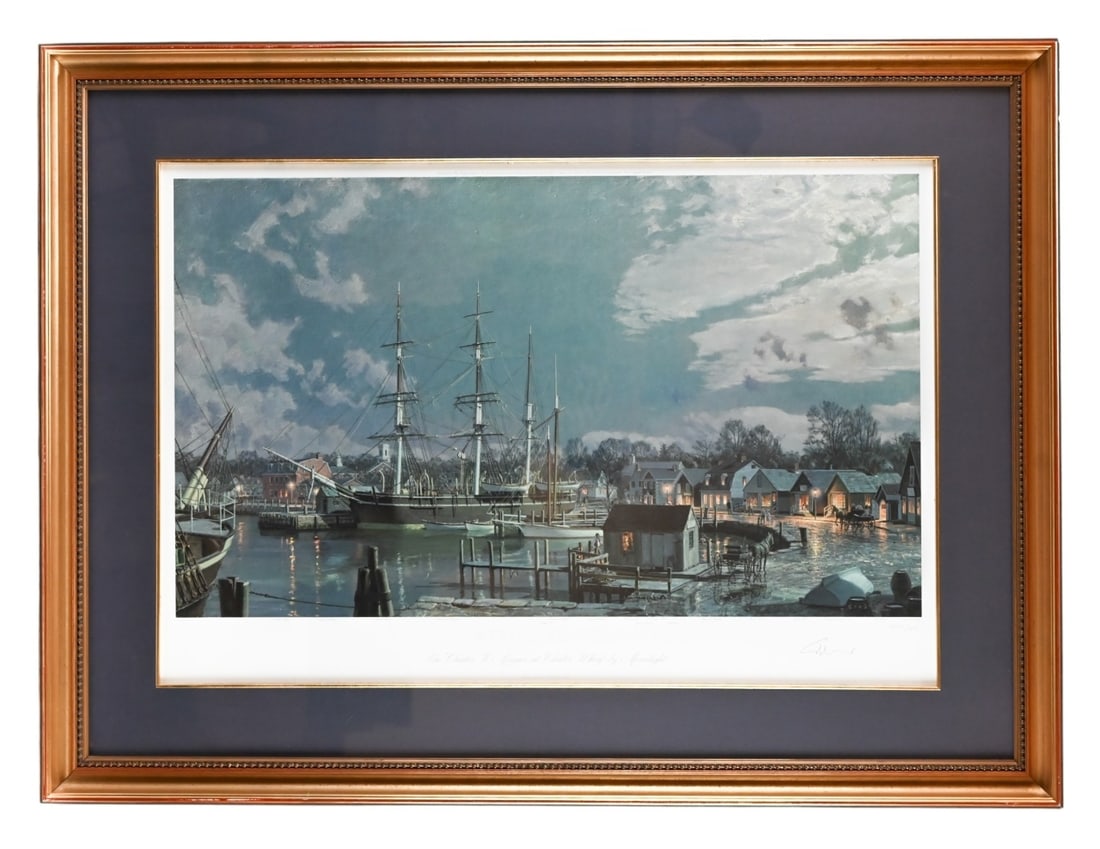 John Stobart Signed Numbered Print Mystic Seaport: John Stobart Signed and Numbered 4416/6141 Print of The Charles Morgan at Mystic Seaport. Framed measures 29 inches x 38 inches.