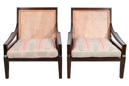 Pair Regency Style Mahogany Cane Chairs w Cushions