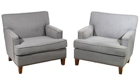 Pair Mid Century Blue Upholstered Club Chairs