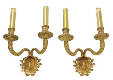 Pair Antique English Gilt Bronze Sconces w Game