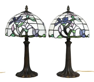 Pair Tiffany Style Stained Glass Table Lamps