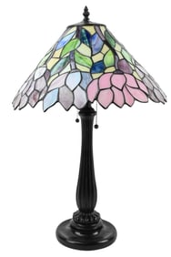 Tiffany Style Slag Glass Shade & Bronze Tone Lamp