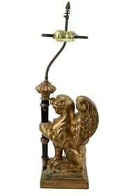 Antique Hand Carved & Painted Griffin Form Lamp