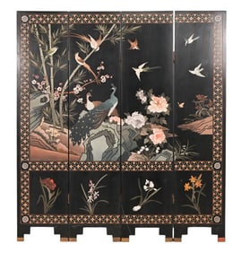 Vintage Asian Painted Four Panel Screen