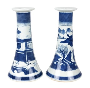 Pair Chinese Canton Porcelain BW Candlesticks