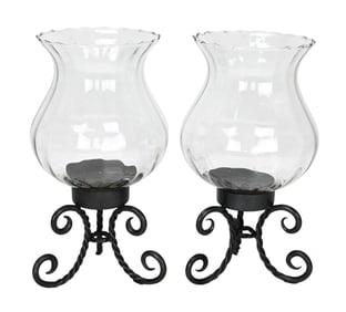 Pair Glass & Wrought Iron Hurricane Pillar Holders
