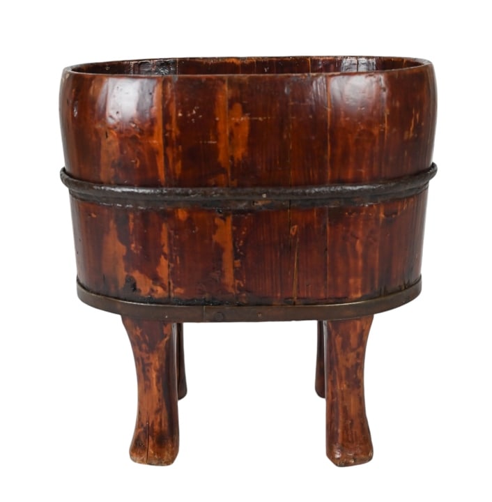 Chinese Carved & Iron Banded Footed Basket: Chinese Carved & Iron Banded Footed Basket. Measures 12 inches x 11 inches x 8 inches.