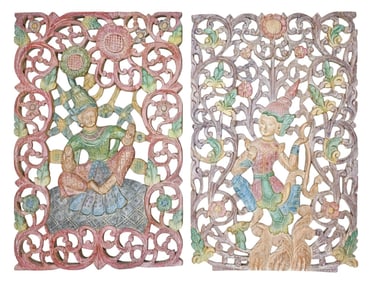 Pair Thai Hand Carved & Painted Wall Plaques