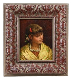 Oil Painting Adolescent Girl in Carved Frame
