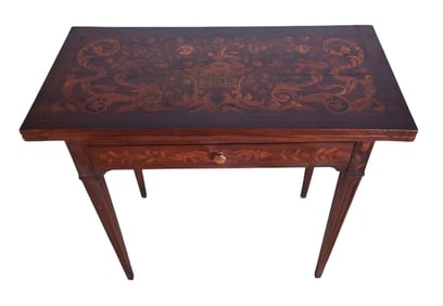 Antique Dutch Marquetry Inlaid Flip Top Game Table