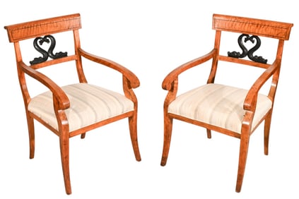 Biedermeier Style Carved Upholstered Armchairs