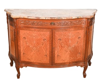 Antique Carved Marble Top Inlay Commode