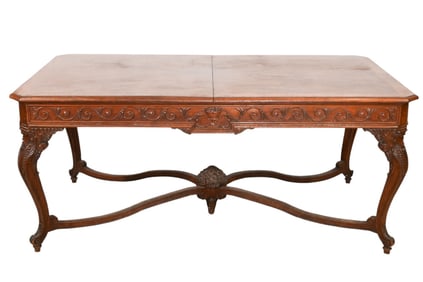 French Carved Parquetry  Burl Inlaid Dining Table