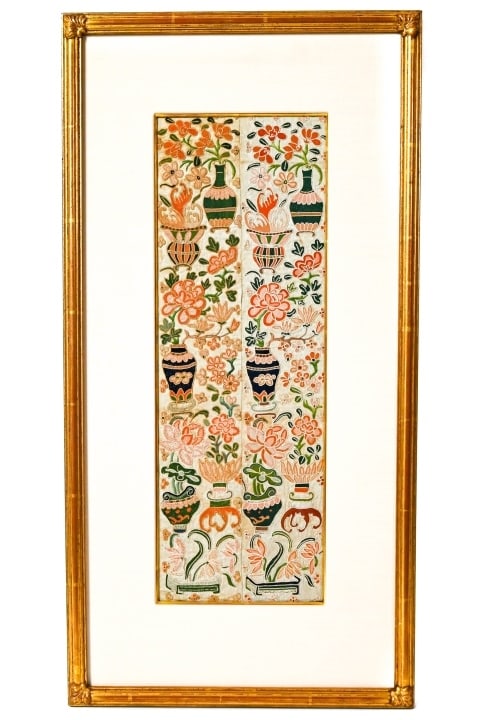 Antique Chinese Hand Embroidered Silk Panel: Antique Chinese Hand Embroidered Silk Panel Framed.Measures 24 inches by 12 inches, silk 17 inches x 6 inches.
