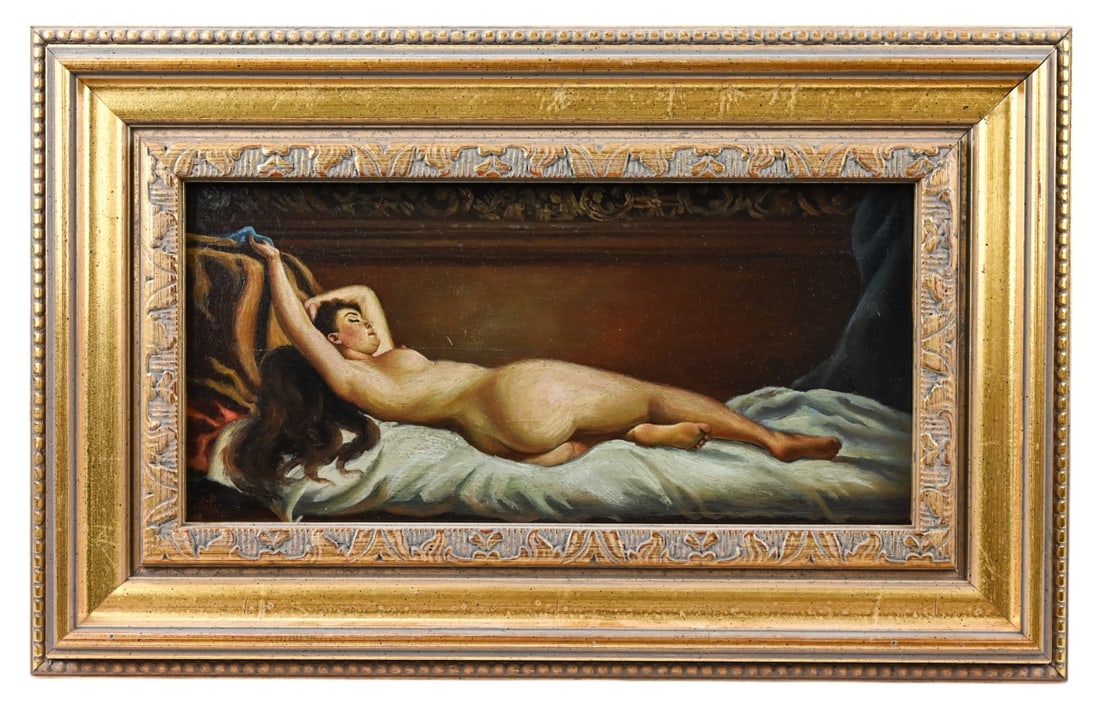 Amedeo Giunti Signed Oil Painting Reclining Board: Amedeo Giunti Signed Oil Painting Reclining Board. Framed measures 10 inches x 16 inches, art measures 6 inches x 12 inches.