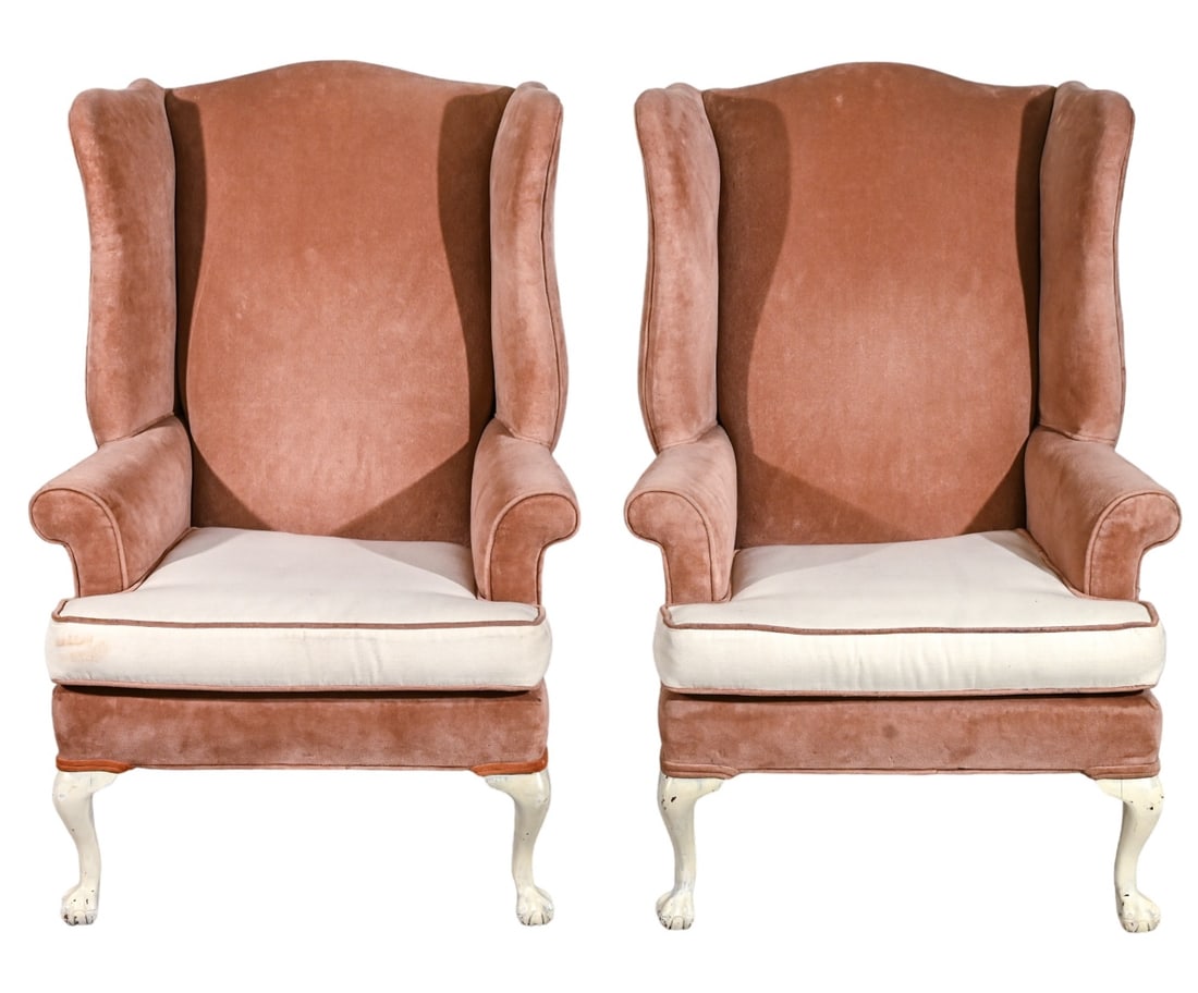 French Provincial Carved Velvet Upholstered Chairs: French Provincial Hand Carved Custom Two Toned Velvet Upholstered Wingback Armchairs.Measures 45 inches x 31 inches x 27 inches.
