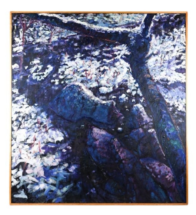 Signed Expressionist Painting on Fabric Tree: Signed Expressionist Acrylic Painting on Fabric Backed by Board of Tree. Framed measures 40 inches x 37 inches.