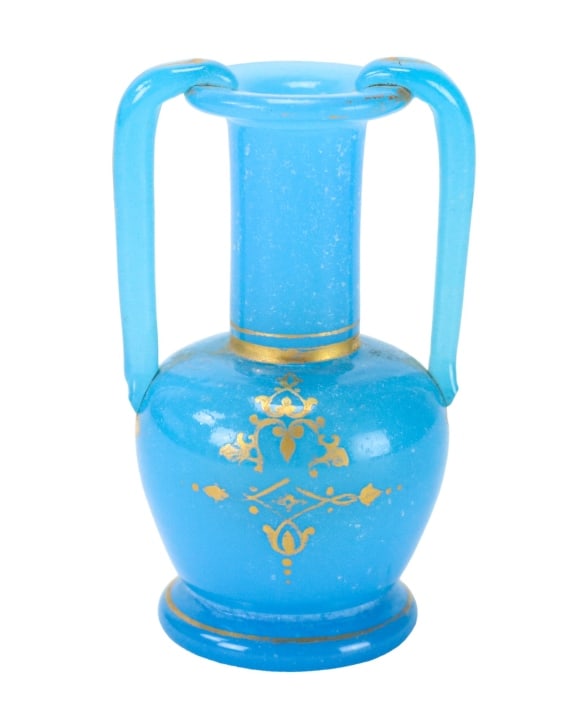 Antique French Blue Opaline Glass Vanity Urn Vase: Antique French Hand Painted Blue Opaline Glass Vanity Amphora Urn Form Vase. Measures 4 inches x 2.5 inches in diameter.
