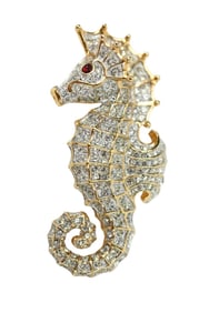 Judith Leiber Signed Sea Horse Crystal Brooch