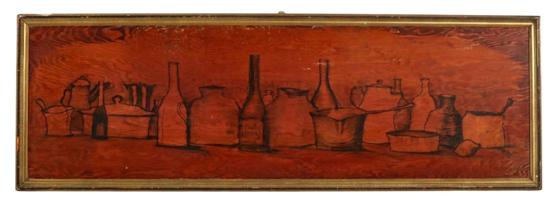 Giuseppe Napoli Signed Pyrogravure on Wood: Giuseppe Napoli, American 1929-1967, Signed Mural Size Pyrogravure on Wood Titled Natura Morta Dated 1960. Measures 34 inches x 100 inches.