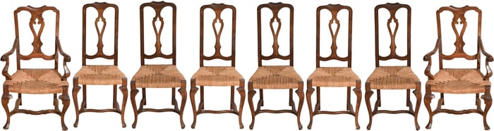 French Provincial Carved Wood and Rush Seat Chairs