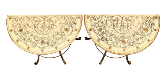 Pair Demilune Hand Painted w Gilt Iron Leg Tables