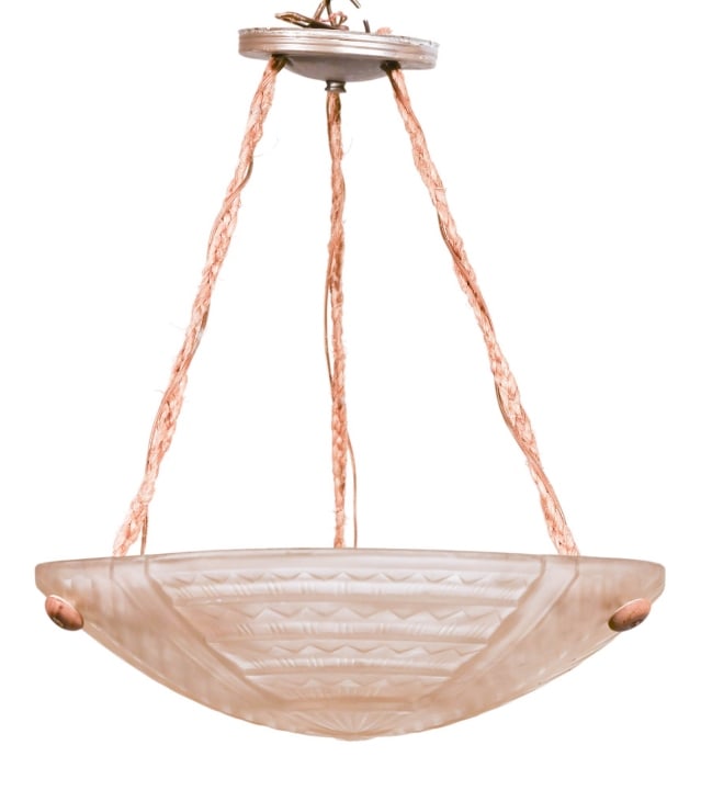 French Art Deco Jean Noverdy Frosted Chandelier: French Art Deco Jean Noverdy Frosted Chandelier with Rope Chain.Measures 17 inches x 15 inches x 15 inches