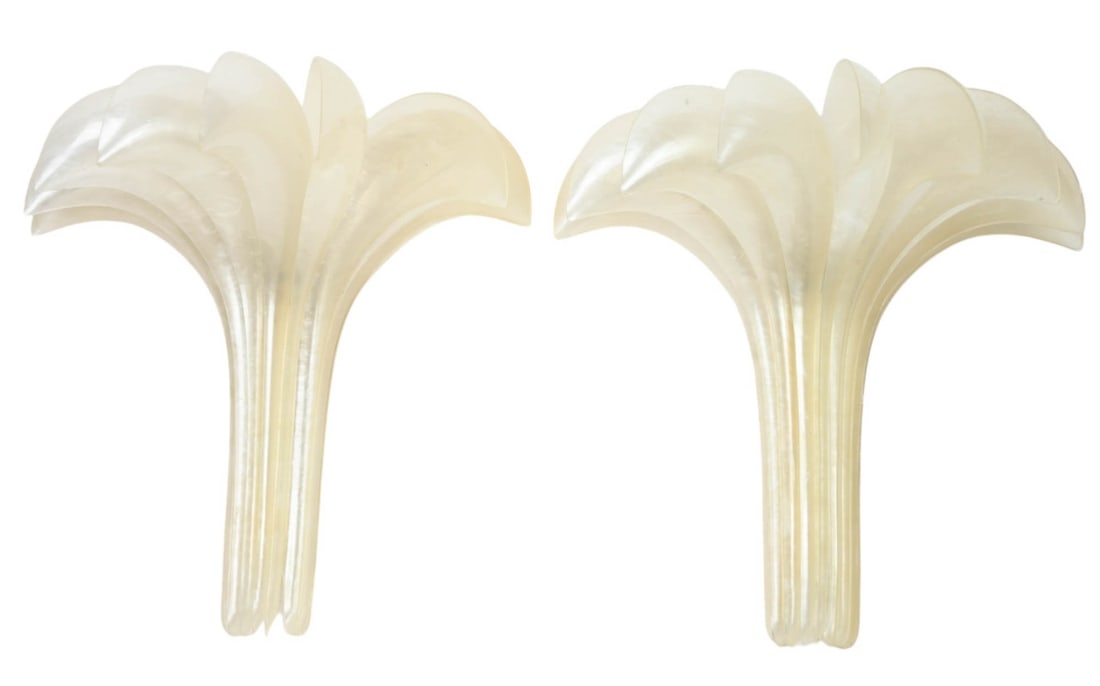 Maison Rougier Pearlescent Perspex Fanned Sconces: Pair Vintage Maison Rougier Art Deco Style Pearlescent Perspex Acrylic Fanned Form Sconces. Piece is unsigned. Each measures 20 inches x 20 inches x 12 inches deep. Some wall paint on back of fans, on