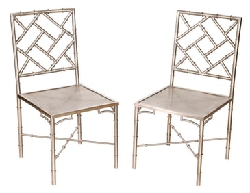 Pair Chippendale Style Metal Faux Bamboo Chairs