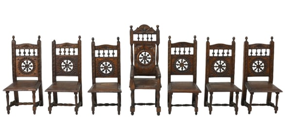 Set of 7 Hand Carved Brittany Breton Doll Chairs
