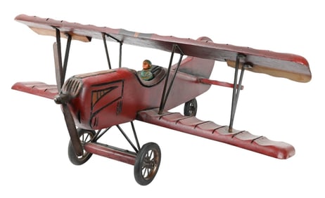 Hand Carved & Painted Red Baron Biplane Model