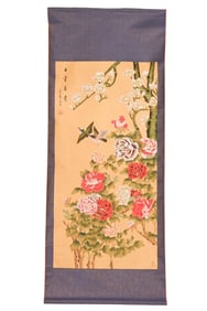 Chinese Hand Painted Red Peonies Scroll