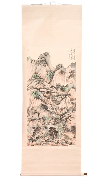 After Wang Hui Chinese Hand Painted Scroll: After Wang Hui Chinese Hand Painted Scroll of Mountain Landscape. Measures 87 inches x 32 inches.