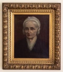 Antique Oil Painting Portrait Older Woman Lace Cap