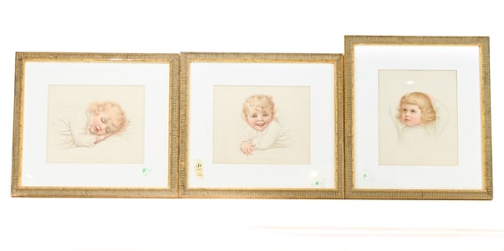 3 Ida Haugh Color Engravings of Toddlers Framed