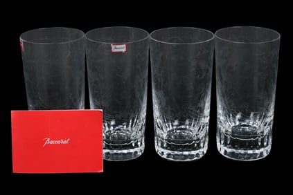 4 Baccarat France Etched Water Glasses Peacocks