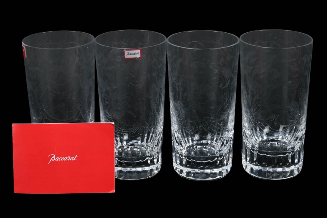 4 Baccarat France Etched Water Glasses Peacocks: 4 Baccarat France Etched Water Glasses Peacocks. Each measures 5.5 inches x 3 inches. One box holding 2 glasses is included.