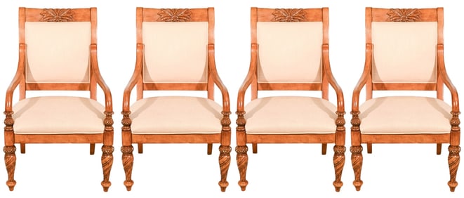 4 French Empire Style Carved Upholstered Armchairs