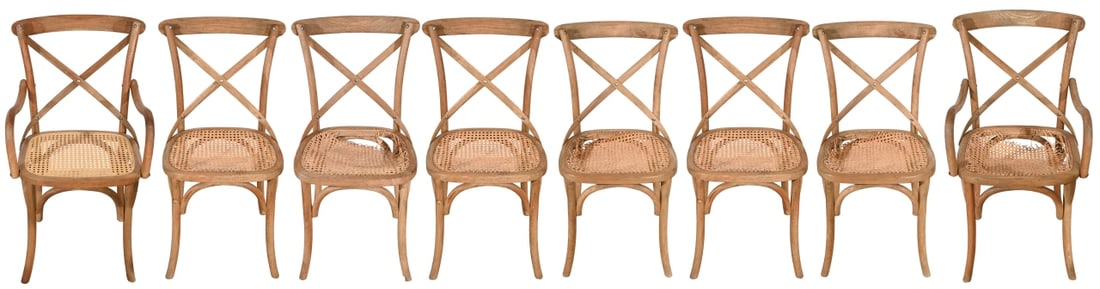 8 Vintage Bentwood Cross Back Cane Seat Chairs: 8 Vintage Bentwood Cross Back Cane Seat Dining Chairs. Cane seat needs repair.Measures 35 inches x 18 inches x 20 inches, seat height 19 inches.