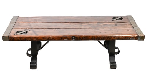 Antique Ship Hatch Iron Legs Coffee Table