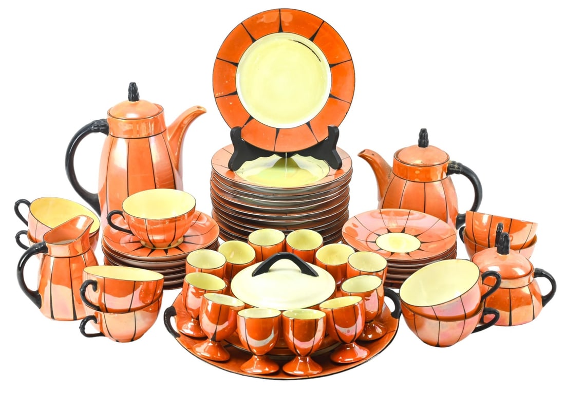 Antique Rudolf Wachter Germany Porcelain Tea Set: Antique Rudolf Wachter Germany Hand Painted Porcelain Breakfast Set. Includes 12 plates, 12 egg cups, 9 coffee cups and saucers, cheese plate and platter, tea and coffee pot, creamer and sugar. Plate
