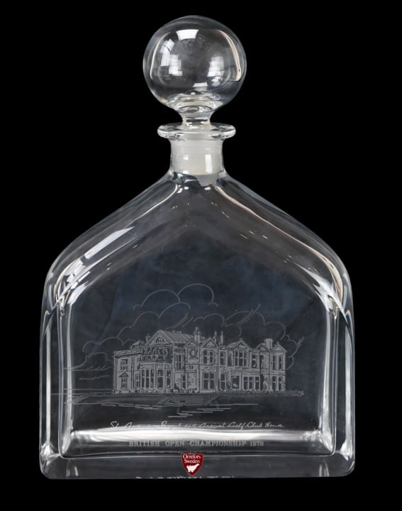 Orrefors Sweden St Andrews Decanter #55 in Box: Orrefors Sweden St. Andrews British Open Decanter #55 in Original Box Designed by Olle Alberius with Certificate. Box measures 5 inches x 15 inches x 10 inches.