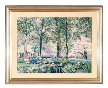 Signed Mayer Garden Park Scene on Canvas Painting