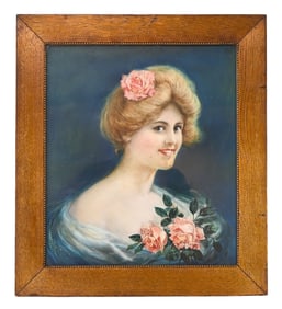 Antique Framed Victorian Print of Lady w Rose
